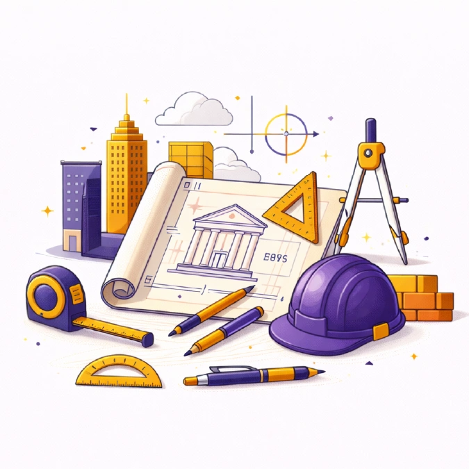 Architecture field of study illustration with building blueprints, a drafting compass, ruler, and a hat