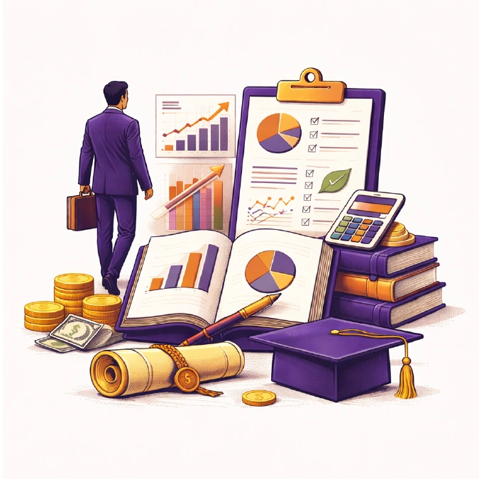Business and management field of study illustration with growth charts, books, coins, and a graduation cap