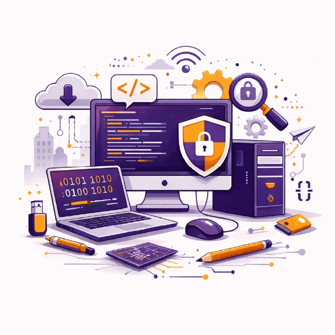 Computer science and IT field of study illustration with a coding monitor, security shield, and cloud icons