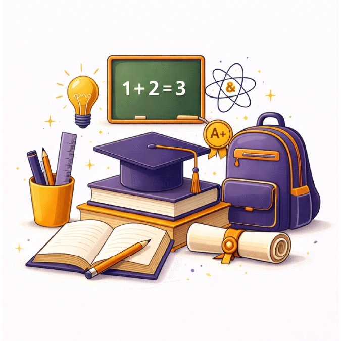 Education field of study illustration with a chalkboard, graduation cap, books, backpack, and stationery