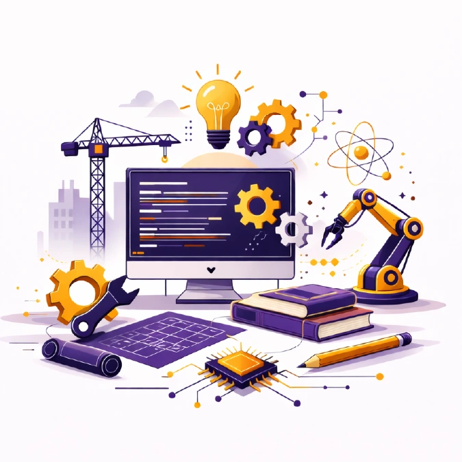 Engineering and technology field of study illustration with gears, a crane, robotic arm, and blueprints