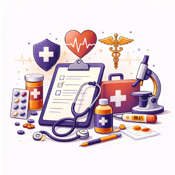Health and medicine field of study illustration with a stethoscope, microscope, first aid kit, and medicines