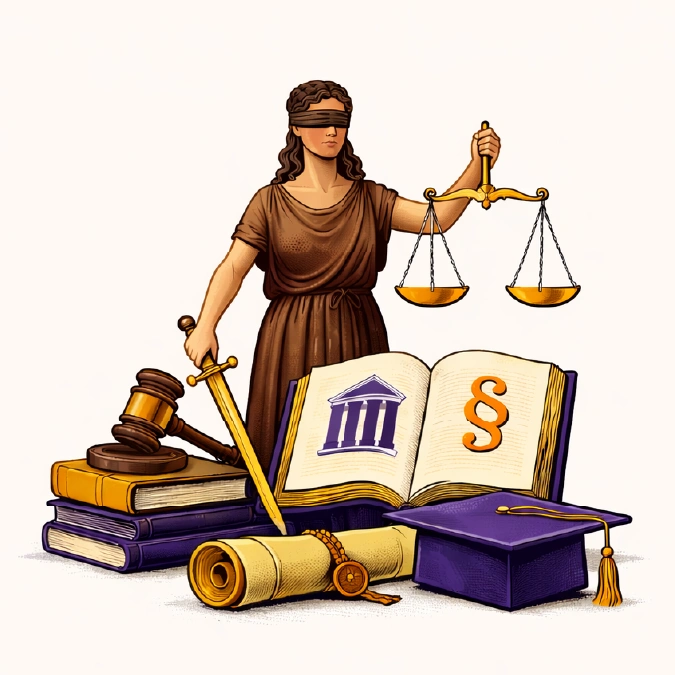 Law field of study illustration with Lady Justice holding scales, a gavel, legal books, and a graduation cap