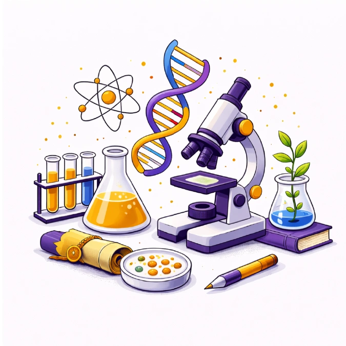Life sciences field of study illustration with a DNA helix, microscope, lab flasks, and a growing plant