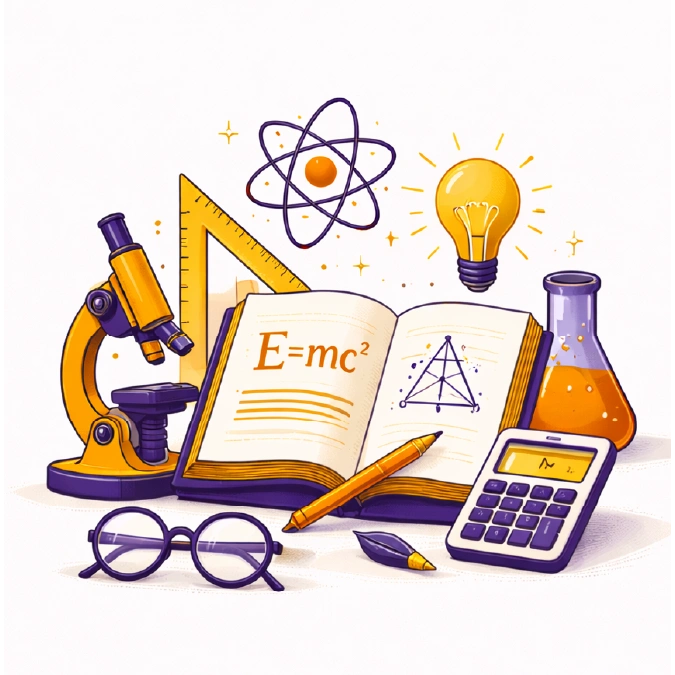Physical sciences and mathematics field of study illustration with an atom, formulas, microscope, and calculator