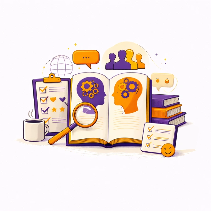 Social and behavioural sciences field of study illustration with profile heads, brains, books, and chat icons