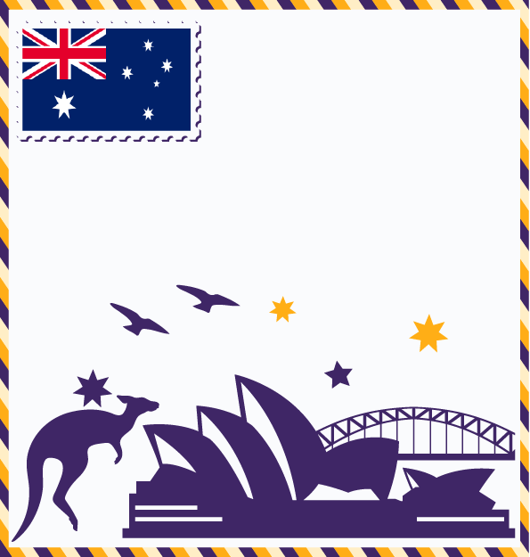 Study in Australia postcard with Australian flag stamp, Sydney Opera House, Sydney Harbour Bridge, kangaroo, and Southern Cross stars