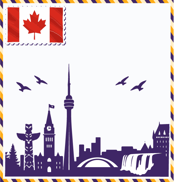 Study in Canada postcard with Canadian flag stamp, CN Tower, Parliament Hill, Château Frontenac, Niagara Falls, and totem pole