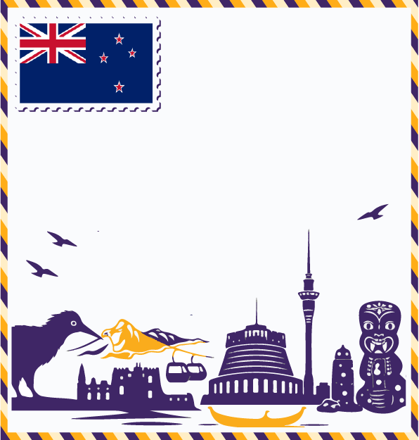 Study in New Zealand postcard with New Zealand flag stamp, Kiwi bird, Beehive Parliament, Sky Tower Auckland, Wellington cable car, and Tiki carving