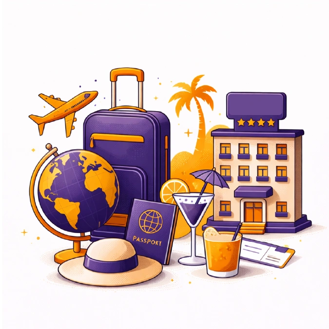 Tourism and hospitality field of study illustration with a suitcase, globe, hotel, passport, and a cocktail