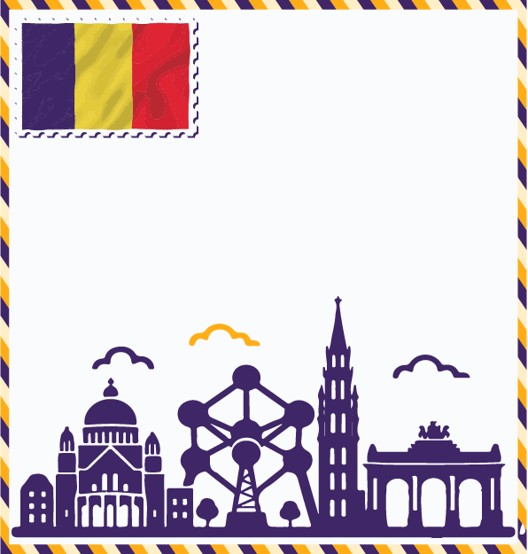 Study in Belgium postcard with Belgian flag stamp, Atomium, Brussels Town Hall, Basilica of the Sacred Heart, and Cinquantenaire Arch