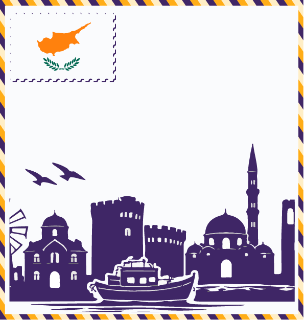 Study in Cyprus postcard with Cyprus flag stamp, medieval castle, Byzantine church, mosque with minaret, traditional windmill, and fishing boat