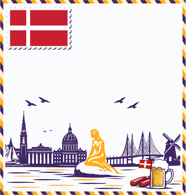 Study in Denmark postcard with Danish flag stamp, Little Mermaid statue, Frederiks Kirke, Copenhagen church spire, Øresund Bridge, and Danish windmill