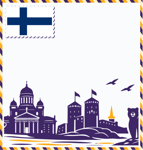 Study in Finland postcard with Finnish flag stamp, Helsinki Cathedral, medieval castle, and Finnish brown bear