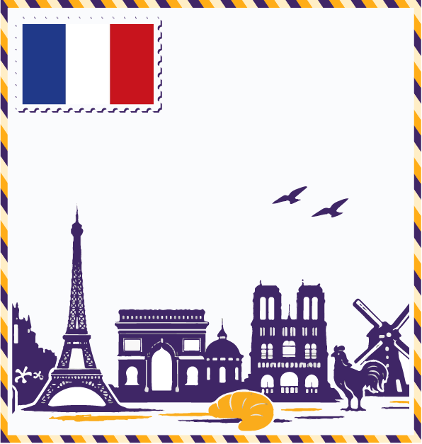 Study in France postcard with French flag stamp, Eiffel Tower, Arc de Triomphe, Notre-Dame Cathedral, and Gallic Rooster