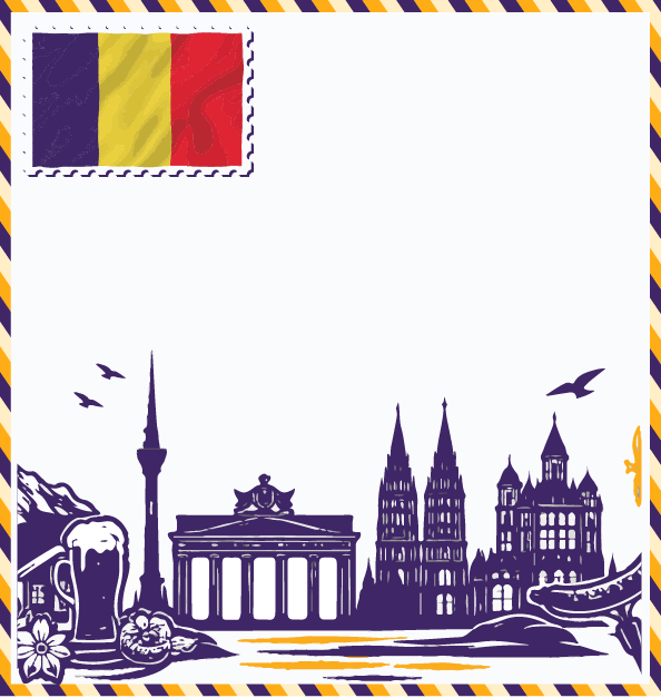 Study in Germany postcard with German flag stamp, Brandenburg Gate, Berlin TV Tower, Cologne Cathedral, Bavarian Alps, and medieval castle