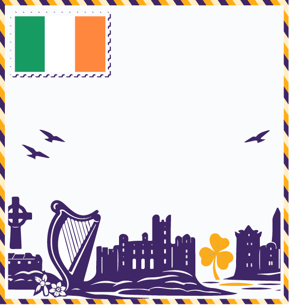 Study in Ireland postcard with Irish flag stamp, Celtic cross, Irish harp, medieval castle ruins, and shamrock