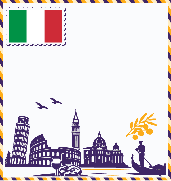 Study in Italy postcard with Italian flag stamp, Leaning Tower of Pisa, Colosseum, St. Peter's Basilica, Campanile di San Marco, and Venice gondola