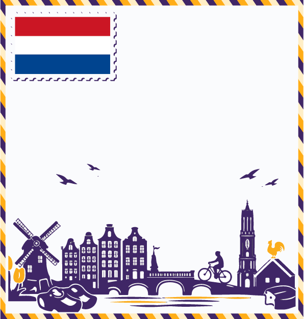 Study in Netherlands postcard with Dutch flag stamp, Dutch windmill, Amsterdam canal houses, Dom Tower Utrecht, tulips, wooden clogs, and cyclist