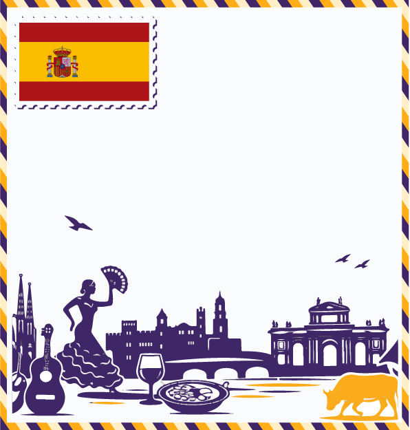 Study in Spain postcard with Spanish flag stamp, Sagrada Família, Alhambra castle, Puerta de Alcalá, flamenco dancer, and Spanish bull