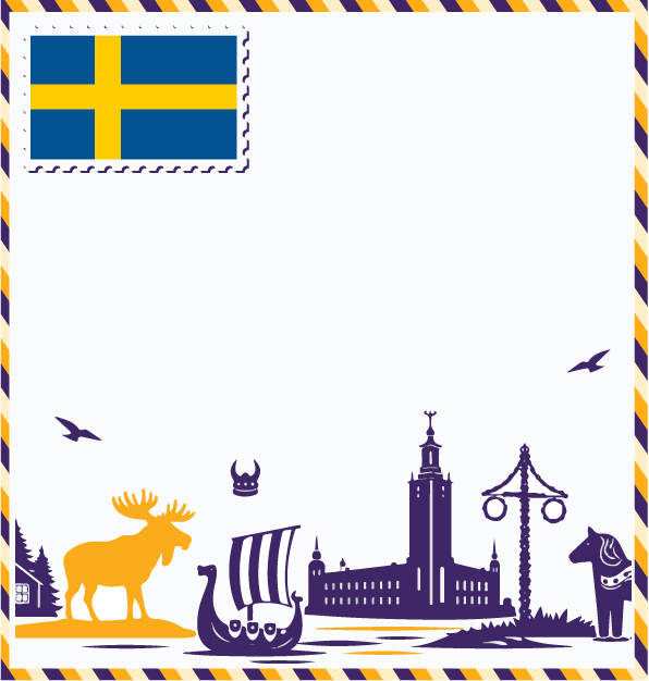 Study in Sweden postcard with Swedish flag stamp, Stockholm City Hall, Viking longship, Swedish moose, Midsommar pole, and Dala horse