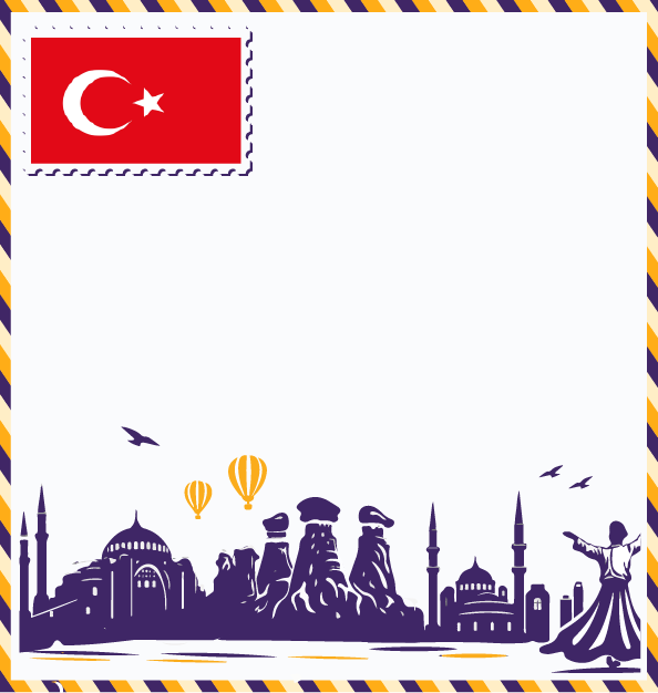 Study in Turkey postcard with Turkish flag stamp, Hagia Sophia, Blue Mosque, Cappadocia fairy chimneys, hot air balloons, and Whirling Dervish