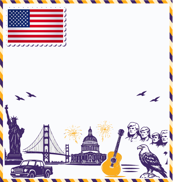Study in United States postcard with US flag stamp, Statue of Liberty, Golden Gate Bridge, US Capitol Building, Mount Rushmore, and bald eagle