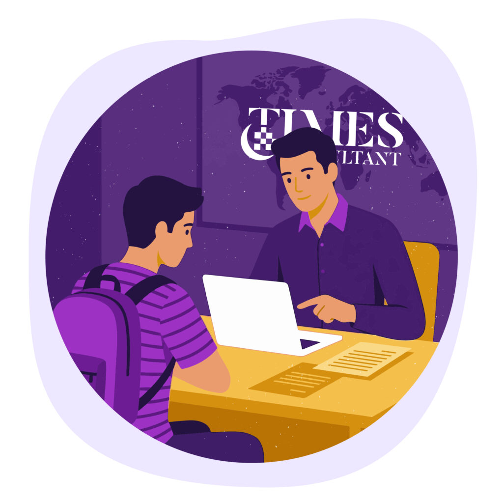 Illustration of a student consulting a Times Consultant advisor for study visa services.