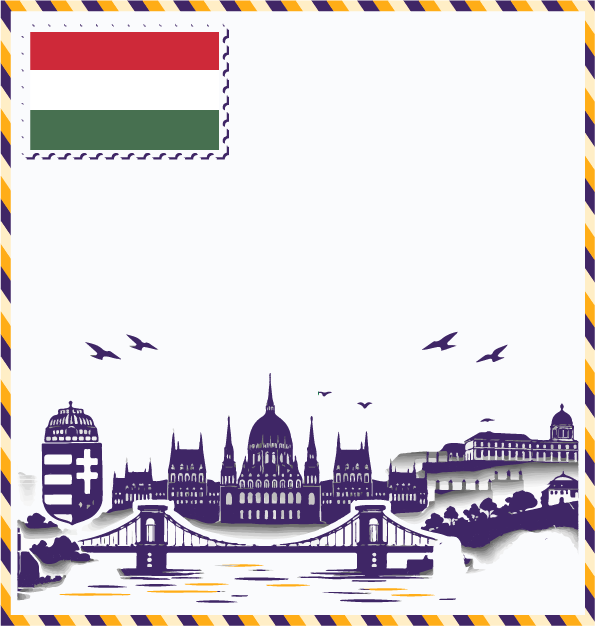 Study in Hungary postcard with Hungarian flag stamp, Hungarian Parliament Building, Széchenyi Chain Bridge, Buda Castle, Hungarian coat of arms, and Gothic church spires