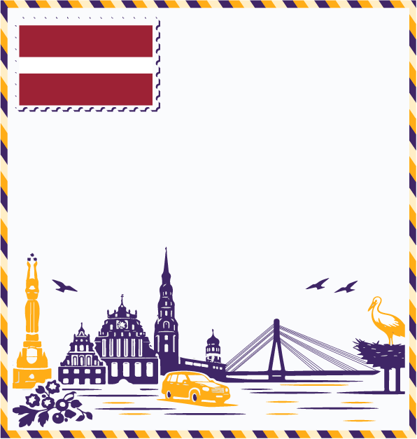 Study in Latvia postcard with Latvian flag stamp, Freedom Monument, House of the Blackheads, St. Peter's Church, Vanšu Bridge, and white stork