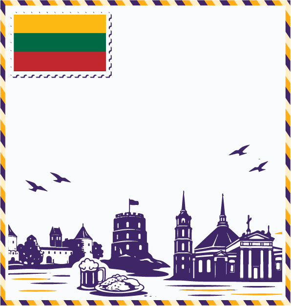 Study in Lithuania postcard with Lithuanian flag stamp, Trakai Island Castle, Gediminas Tower, Vilnius Cathedral, beer mug, and cepelinai