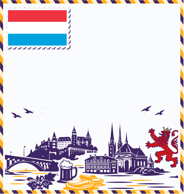 Study in Luxembourg postcard with Luxembourg flag stamp, Adolphe Bridge, Luxembourg Castle, Notre-Dame Cathedral, Grand Ducal Palace, Luxembourg Lion, and pretzels