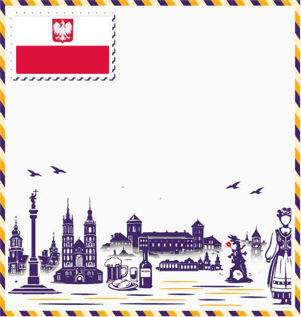 Study in Poland postcard with Polish flag stamp, Sigismund's Column, St. Mary's Basilica, Wawel Castle, Wawel Dragon, pierogi, vodka bottle, and Polish woman in traditional folk costume