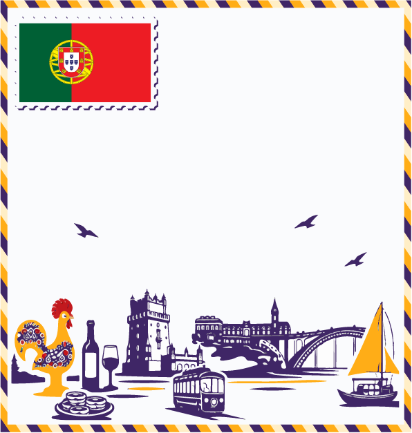 Study in Portugal postcard with Portuguese flag stamp, Galo de Barcelos, Belém Tower, Lisbon tram, Dom Luís I Bridge, and Rabelo sailing boat