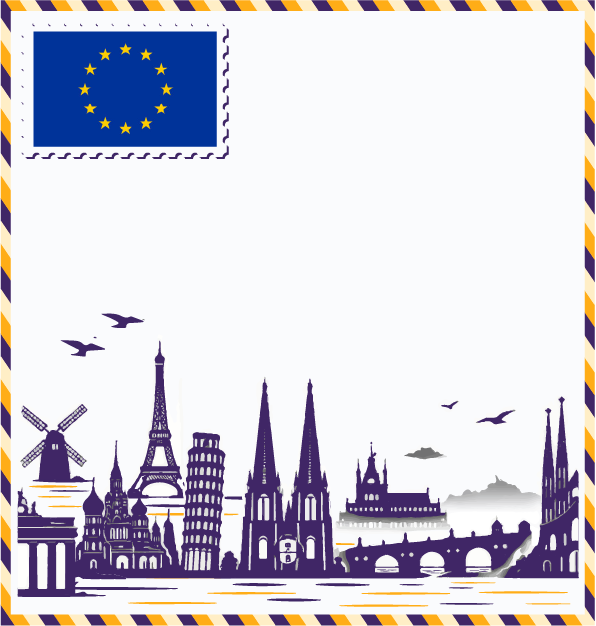 Study in Europe postcard with EU flag stamp, Eiffel Tower, Leaning Tower of Pisa, windmill, Gothic cathedral, and stone bridge