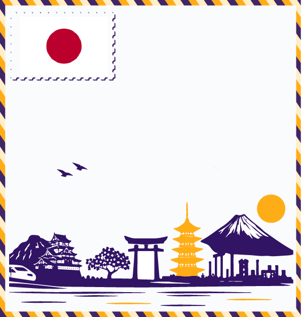 Study in Japan postcard with Japanese flag stamp, Mount Fuji, torii gate, golden pagoda, Japanese castle, and cherry blossom tree