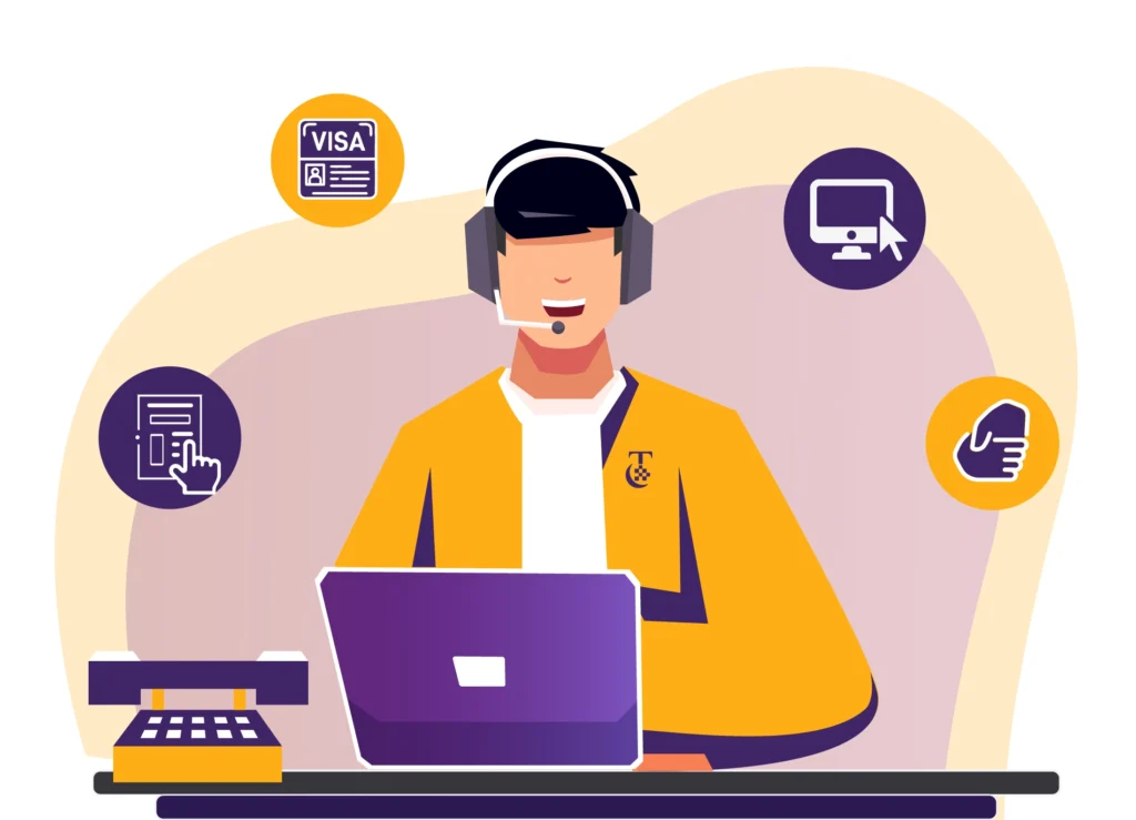 Illustration of a Times Consultant student visa advisor wearing a headset, offering phone and online support