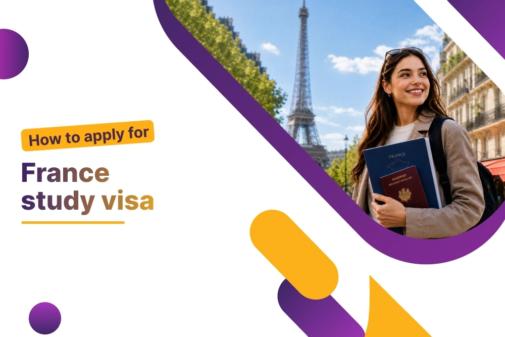 How to apply for a France study visa from Pakistan, a student holding a French passport near the Eiffel Tower in Paris