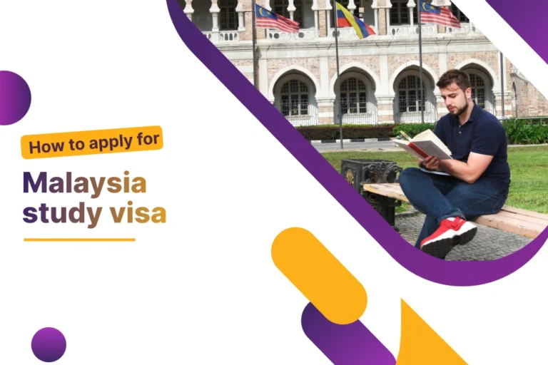 Student reading outdoors near a historic Malaysian building with flags, illustrating how to apply for a Malaysia study visa from Pakistan