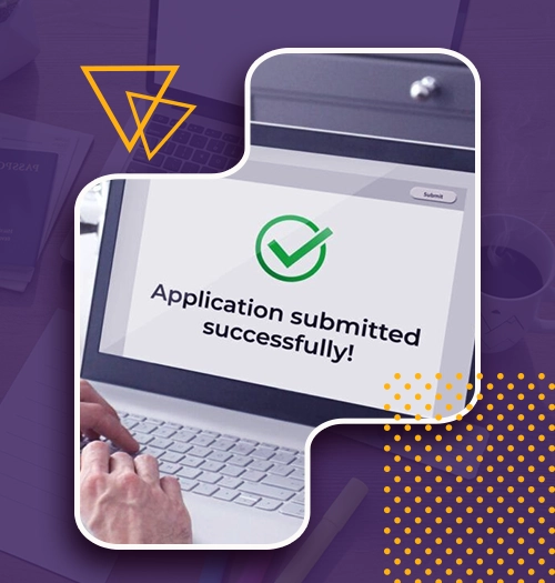 Laptop screen showing Application submitted successfully with a green checkmark for a study abroad application