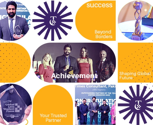 Times Consultants about us collage of award ceremonies, trophies, and team photos with the tagline Success Beyond Borders