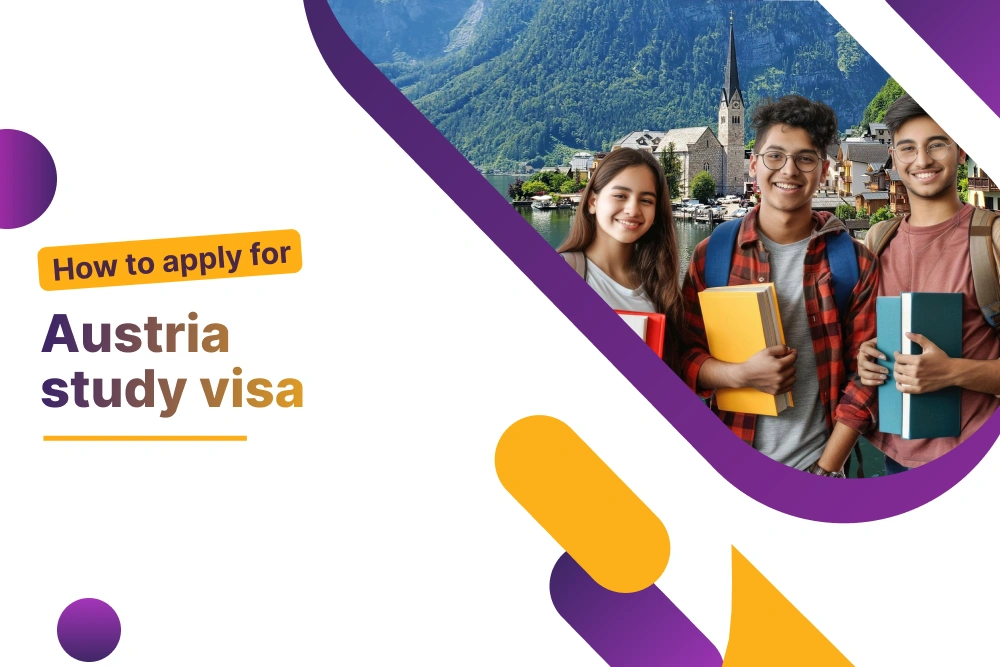 How to apply for an Austria study visa from Pakistan, with three smiling students holding books by a lakeside Alpine village