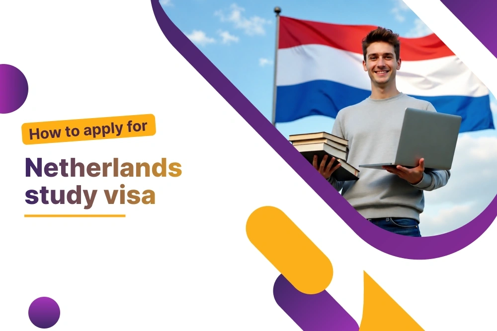 How to apply for a Netherlands study visa from Pakistan, with a smiling student holding a laptop and books in front of the Dutch flag.
