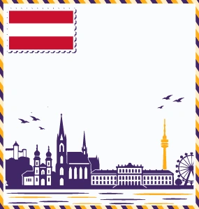 Austria flag postcard icon with Vienna skyline silhouette, symbolizing study abroad opportunities in Austria for Pakistani students