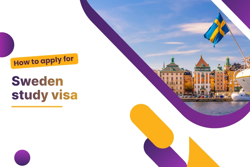 How to apply for a Sweden study visa from Pakistan, with Stockholm's Gamla Stan waterfront and the Swedish flag.