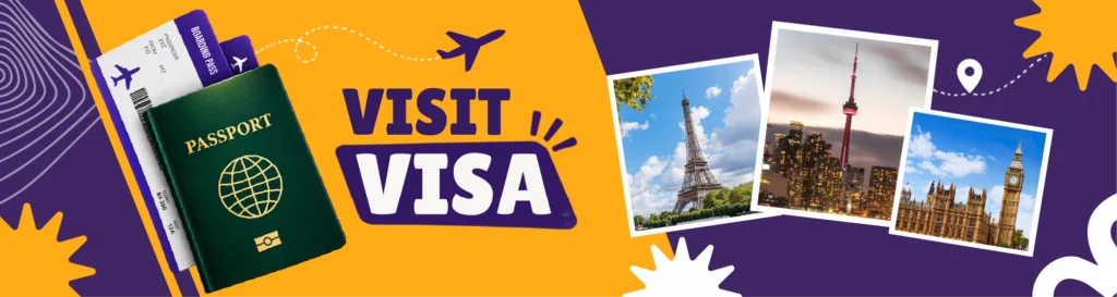 Visit visa banner showing a passport with boarding passes and landmarks in Paris, Toronto and London.