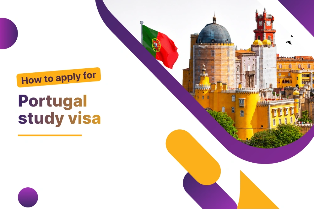 How to apply for a Portugal study visa, with the Portuguese flag and Pena Palace in Sintra