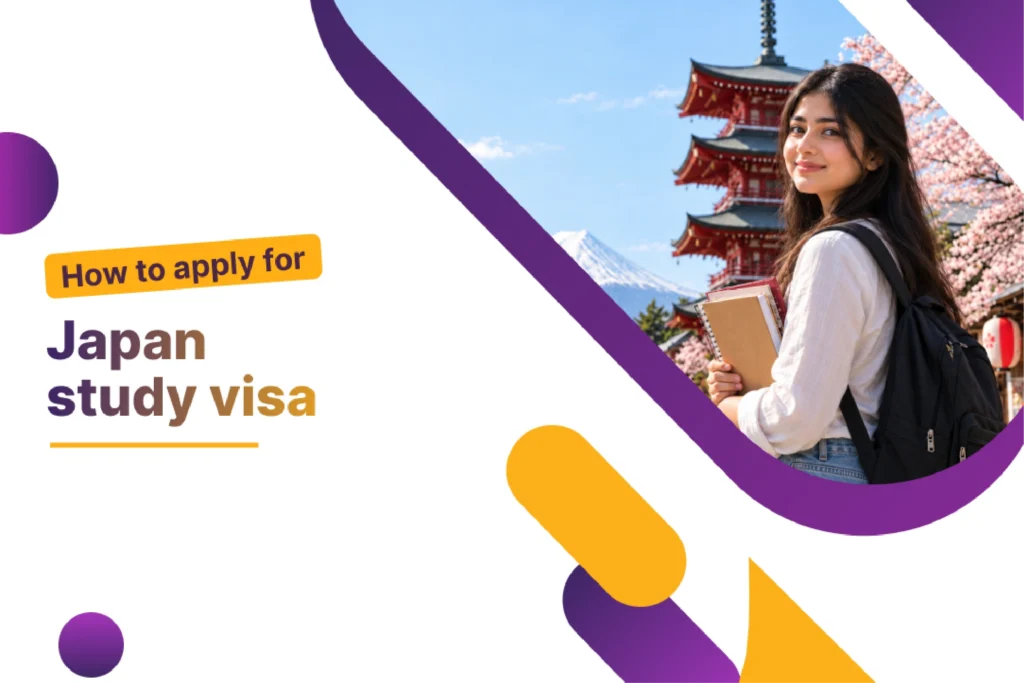How to apply for a Japan study visa: student with books and a backpack in front of a red pagoda, Mount Fuji and cherry blossoms.
