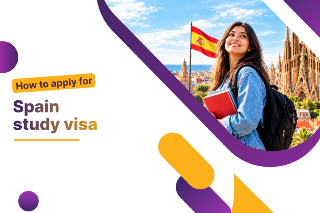 Student with books in front of the Spanish flag and Sagrada Família in Barcelona, for a guide on applying for a Spain study visa.
